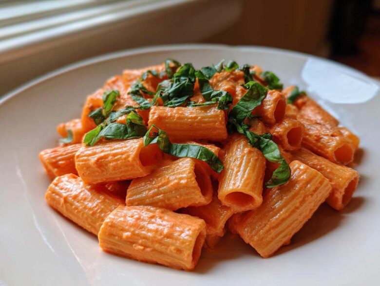 A close-up of rigatoni pasta coated in creamy pink sauce pasta, garnished with fresh basil leaves.