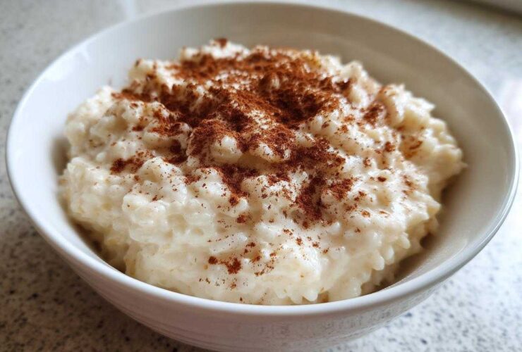 Close-up of a white bowl filled with creamy rice pudding generously sprinkled with ground cinnamon.