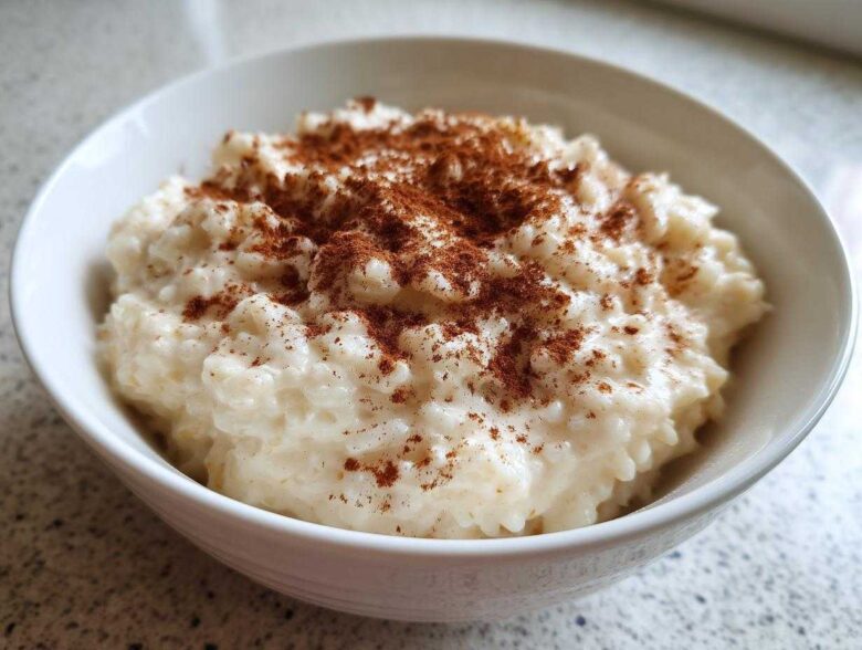 Close-up of a white bowl filled with creamy rice pudding generously sprinkled with ground cinnamon.