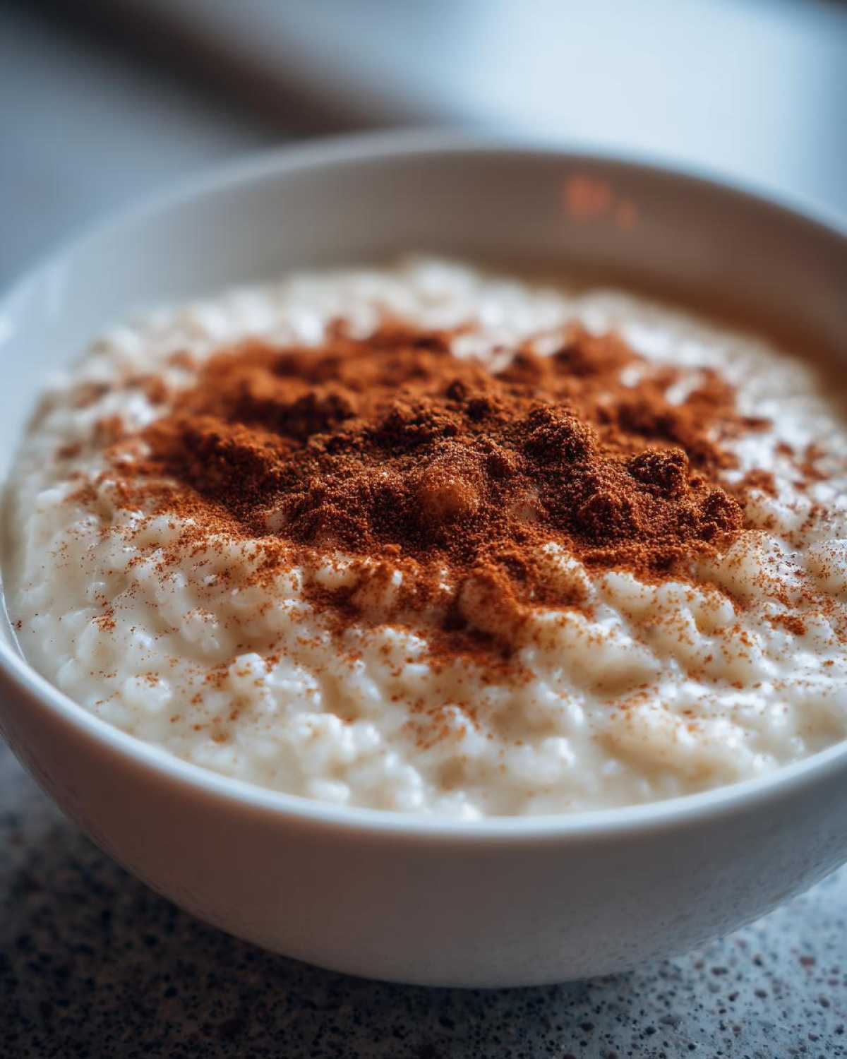 Close-up of creamy rice pudding in a white bowl, generously topped with ground cinnamon.