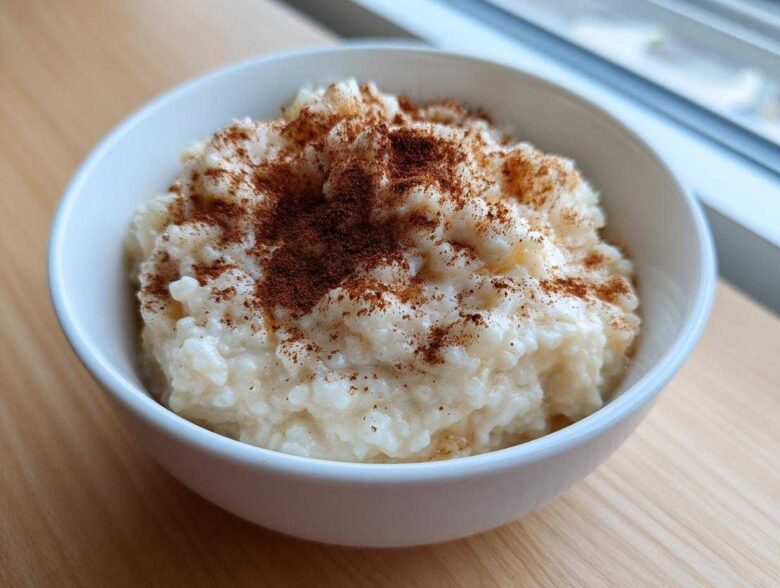 A close-up of a white bowl filled with creamy rice pudding recipe, generously dusted with ground cinnamon.