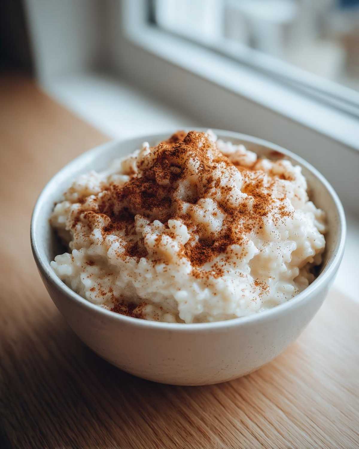 A close-up of a bowl of creamy rice pudding recipe generously dusted with ground cinnamon.