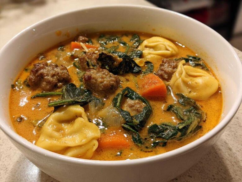 Close-up of a white bowl filled with creamy sausage tortellini soup, featuring sausage meatballs, spinach, and carrots.