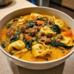 A close-up view of a hearty bowl of creamy sausage tortellini soup, featuring tortellini, crumbled sausage, spinach, and carrots.