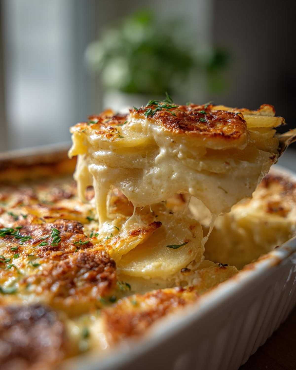 A spoonful of creamy, cheesy scalloped potatoes recipe being lifted from a white baking dish, showing melted cheese pull.