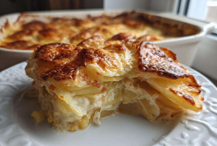 A thick slice of creamy scalloped potatoes recipe with a golden brown, cheesy top, served on a white plate.