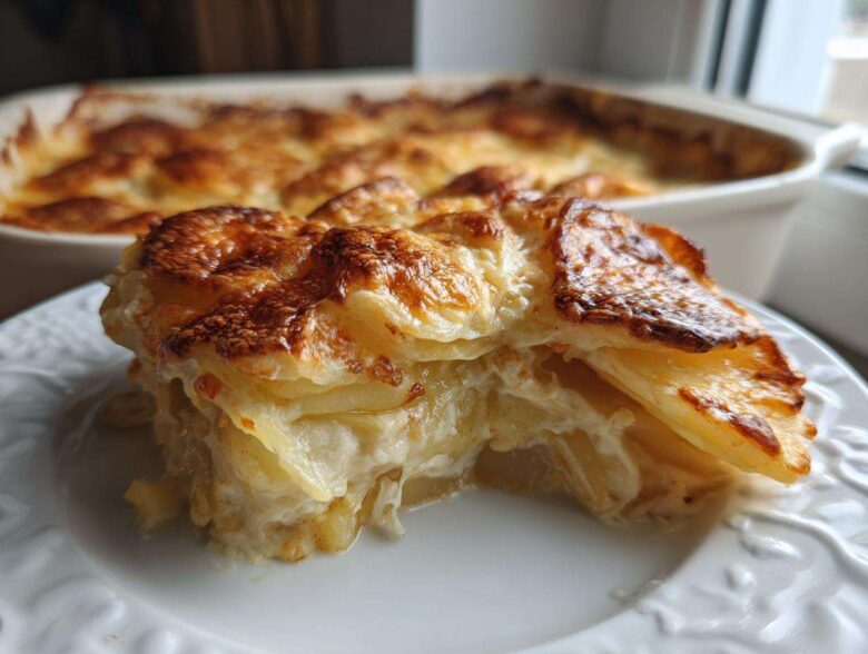 A thick slice of creamy scalloped potatoes recipe with a golden brown, cheesy top, served on a white plate.