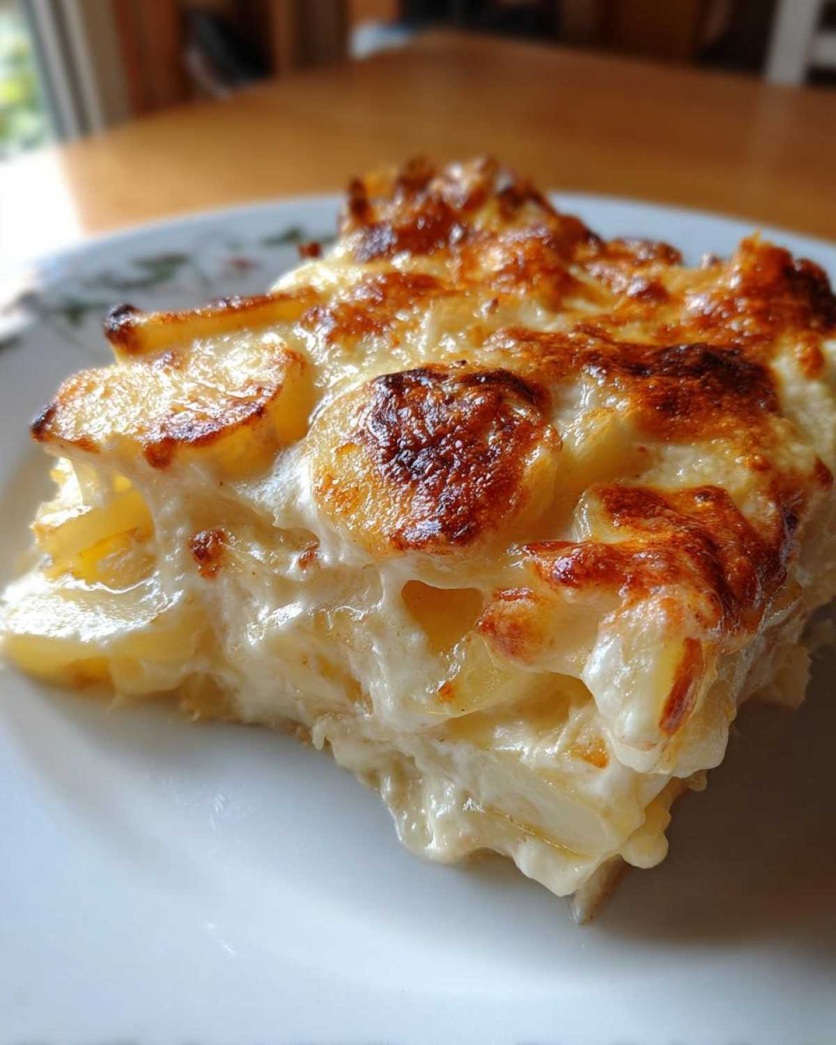 Close-up of a rich, creamy slice of scalloped potatoes with a golden-brown, cheesy crust.