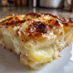 A close-up of a thick, creamy slice of scalloped potatoes with a golden-brown, cheesy crust.