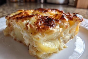 A close-up of a thick, creamy slice of scalloped potatoes with a golden-brown, cheesy crust.