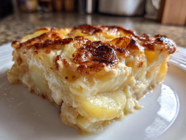 A close-up of a thick, creamy slice of scalloped potatoes with a golden-brown, cheesy crust.