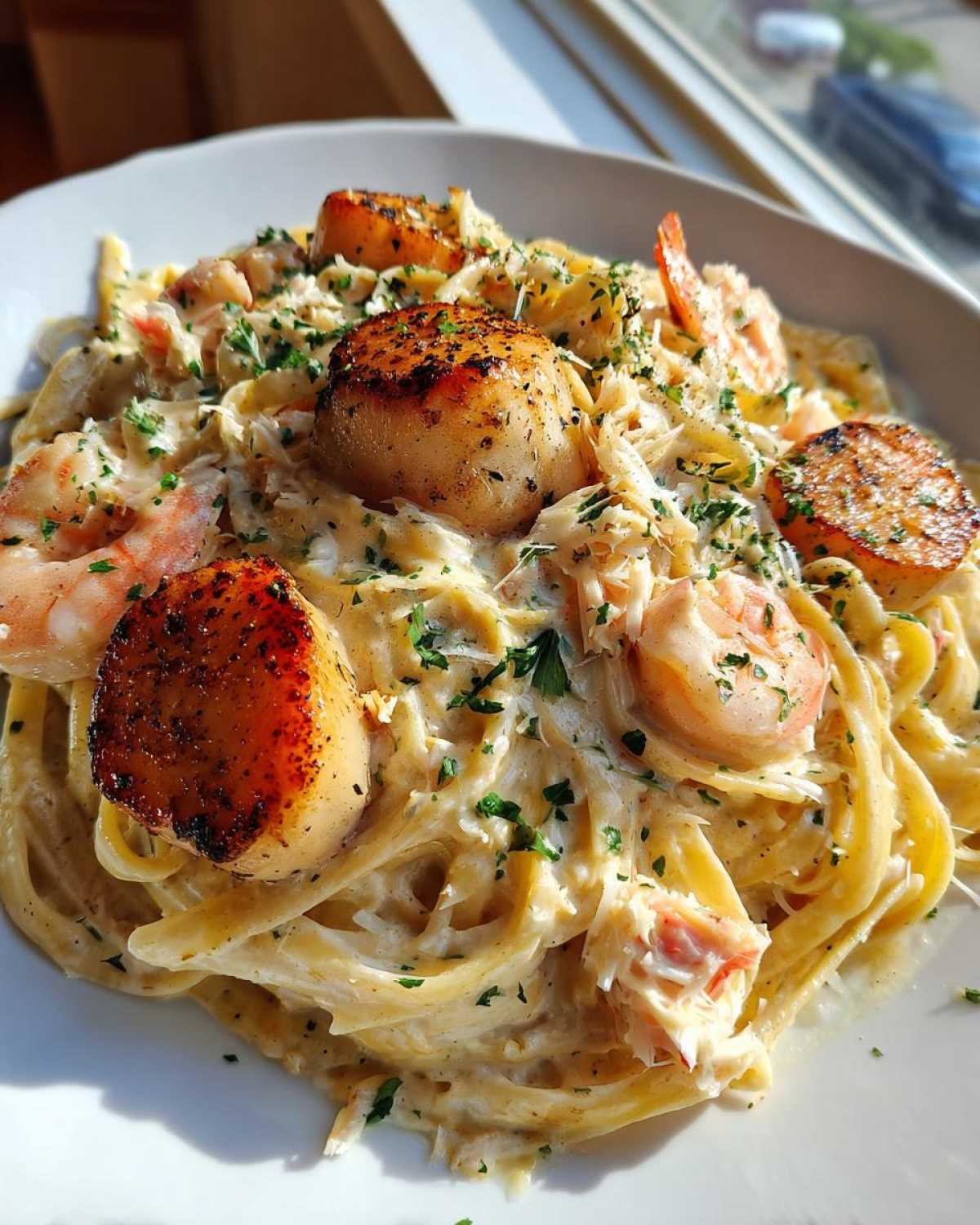Close-up of creamy seafood pasta featuring seared scallops, shrimp, and crab meat, garnished with fresh parsley.