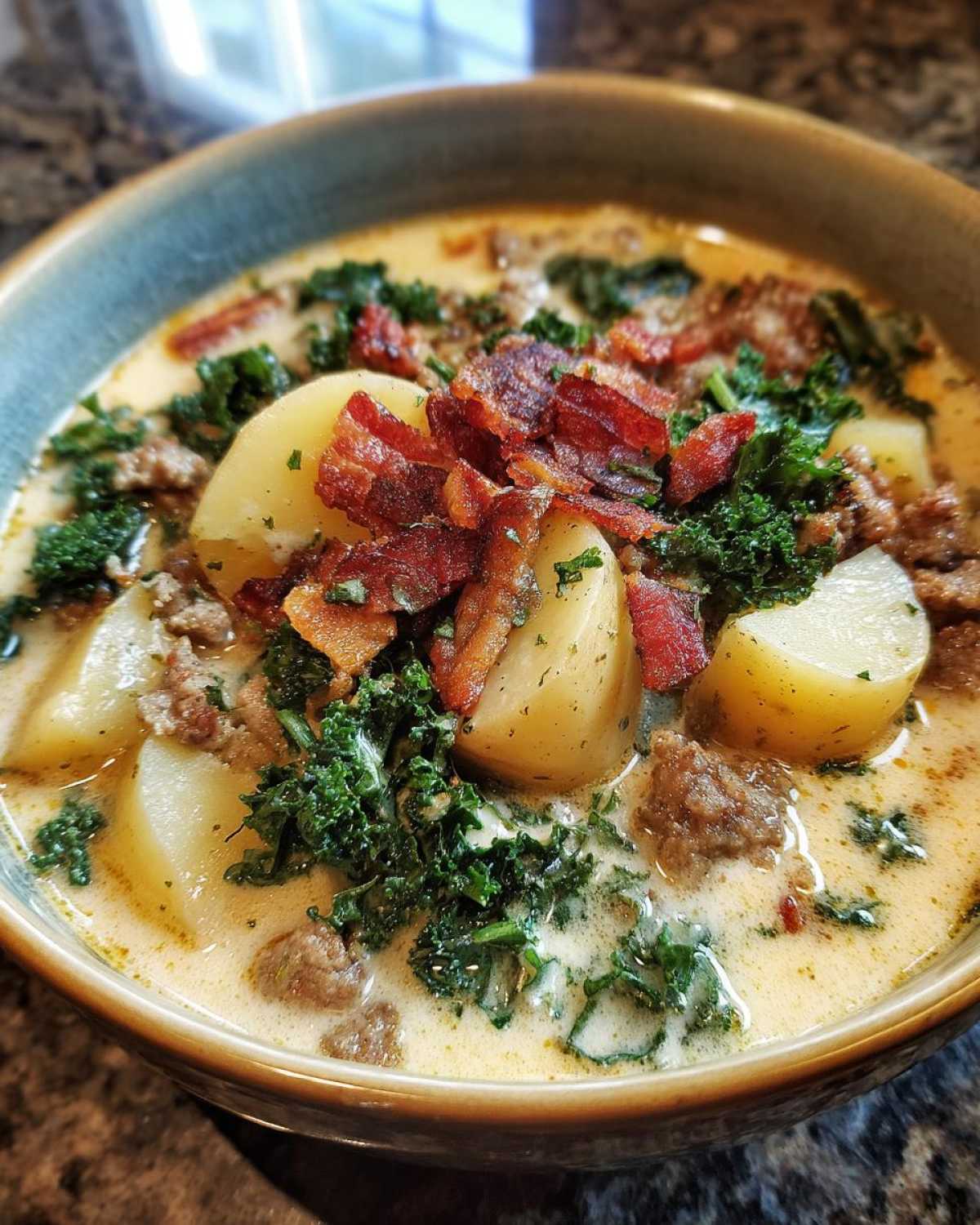 Close-up of a bowl of creamy zuppa toscana soup topped with chunks of potato, crumbled sausage, kale, and crispy bacon.