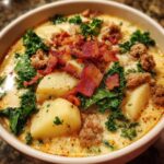 Close-up of a creamy bowl of zuppa toscana soup topped with potatoes, sausage, kale, and crispy bacon.