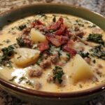 Close-up of a bowl of creamy zuppa toscana soup topped with crumbled bacon, potatoes, and kale.