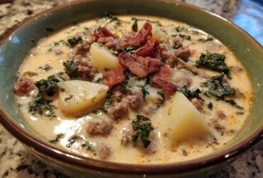 Close-up of a bowl of creamy zuppa toscana soup topped with crumbled bacon, potatoes, and kale.