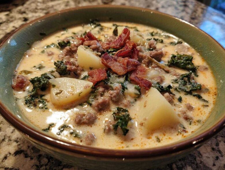 Close-up of a bowl of creamy zuppa toscana soup topped with crumbled bacon, potatoes, and kale.