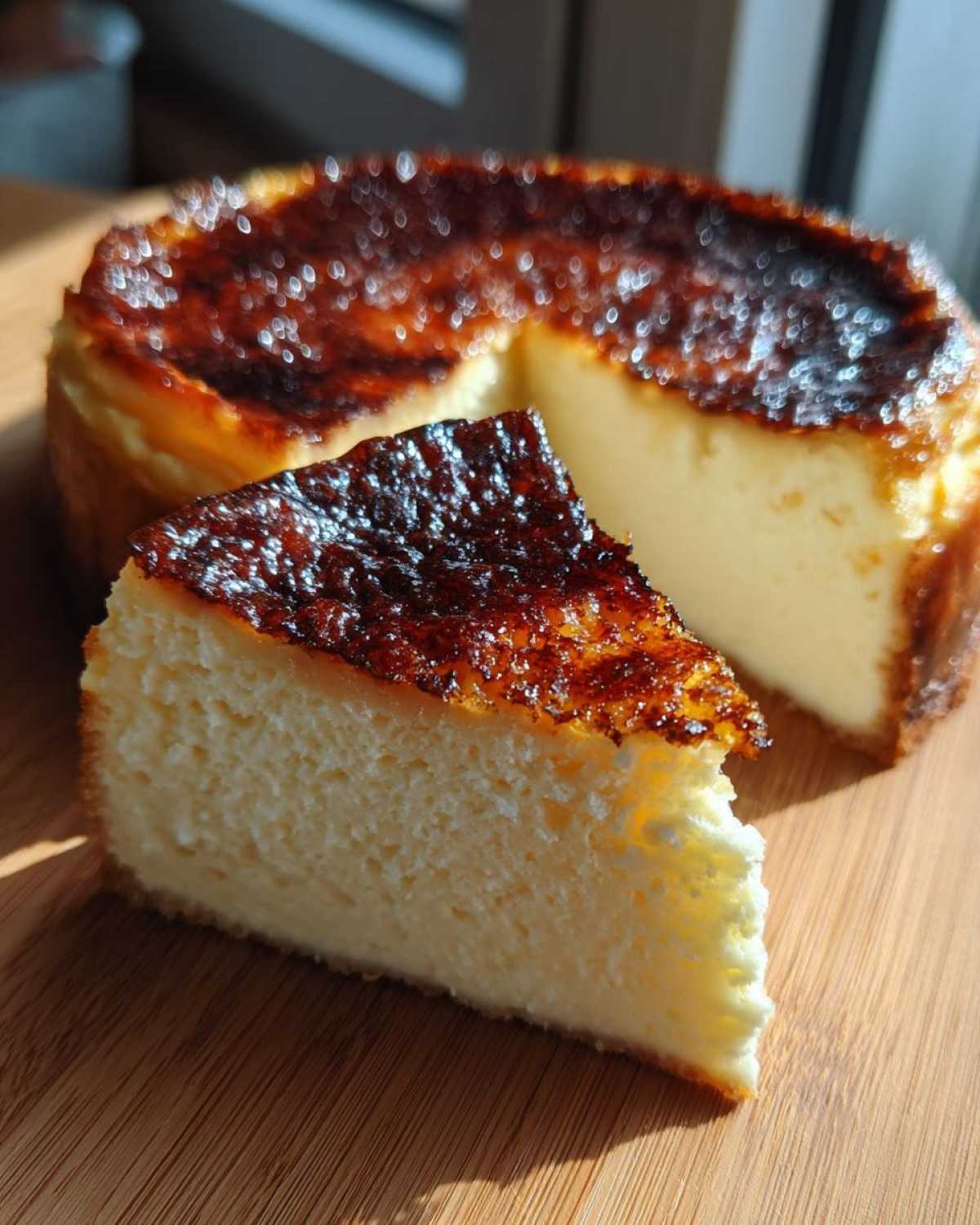 A slice of creamy creme brulee cheesecake with a deeply caramelized, torched top resting next to the whole cake.