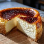 A slice cut from a rich creme brulee cheesecake showing a creamy interior and a dark, caramelized sugar top.