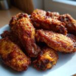 A close-up of several golden-brown, glossy crispy baked chicken wings piled on a white plate.