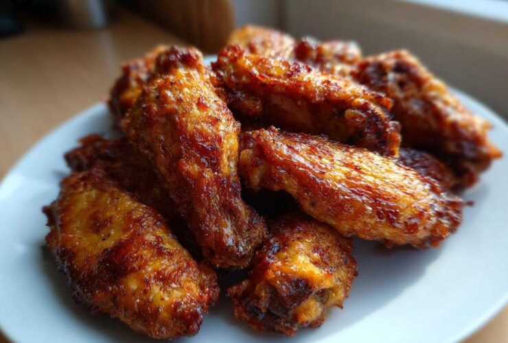 A close-up of several golden-brown, glossy crispy baked chicken wings piled on a white plate.