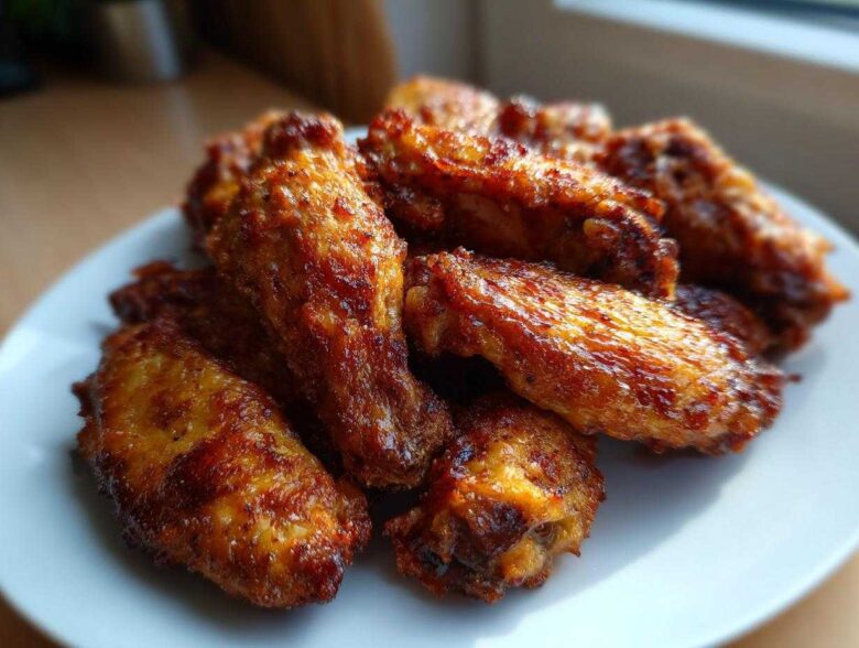A close-up of several golden-brown, glossy crispy baked chicken wings piled on a white plate.