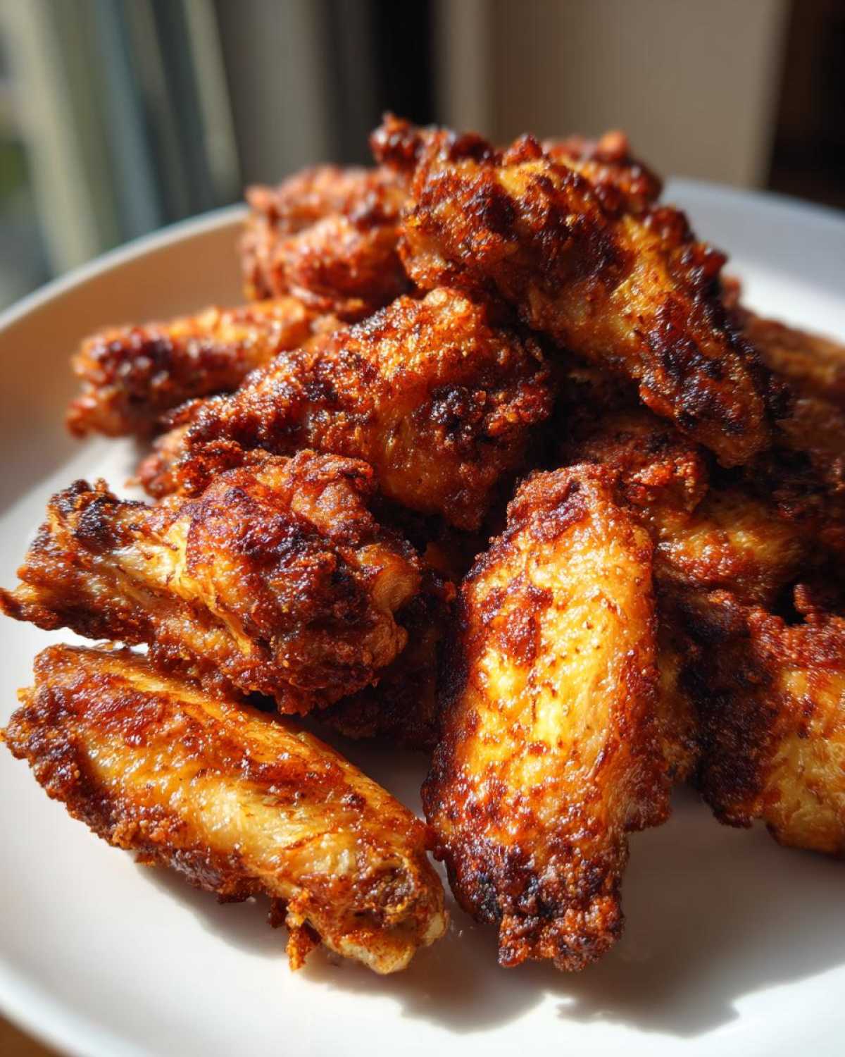 A close-up of several golden brown, crispy baked chicken wings piled high on a white plate.