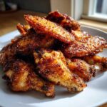 A close-up pile of golden brown, seasoned, crispy baked chicken wings on a white plate.
