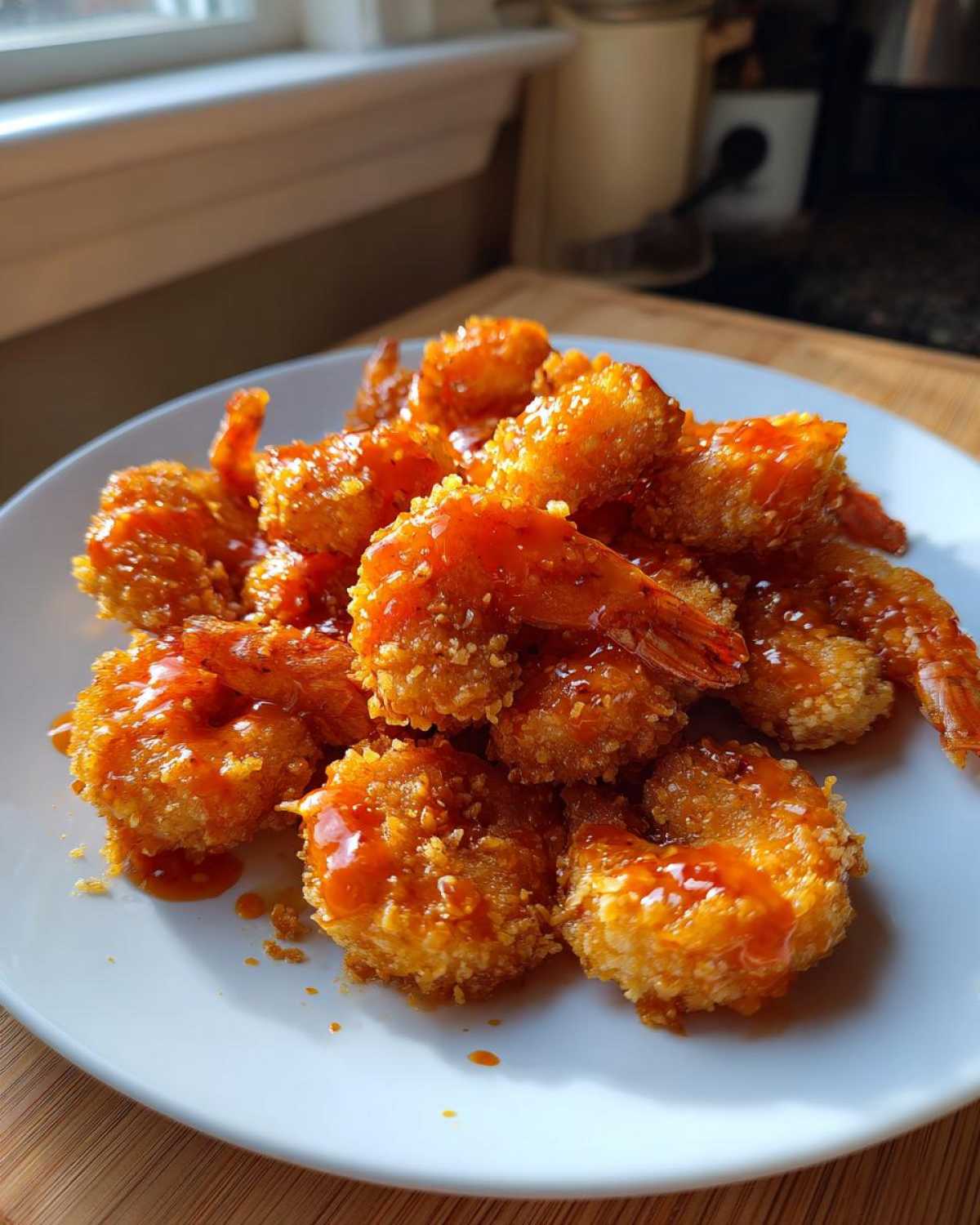 A plate piled high with crispy, breaded bang bang shrimp generously drizzled with a sweet and spicy orange sauce.