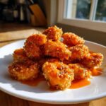 A pile of crispy, breaded bang bang shrimp coated in a vibrant orange sauce and sprinkled with herbs on a white plate.