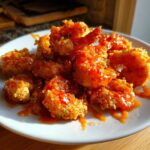 A plate piled high with crispy, golden brown bang bang shrimp drizzled generously with a bright orange spicy sauce.