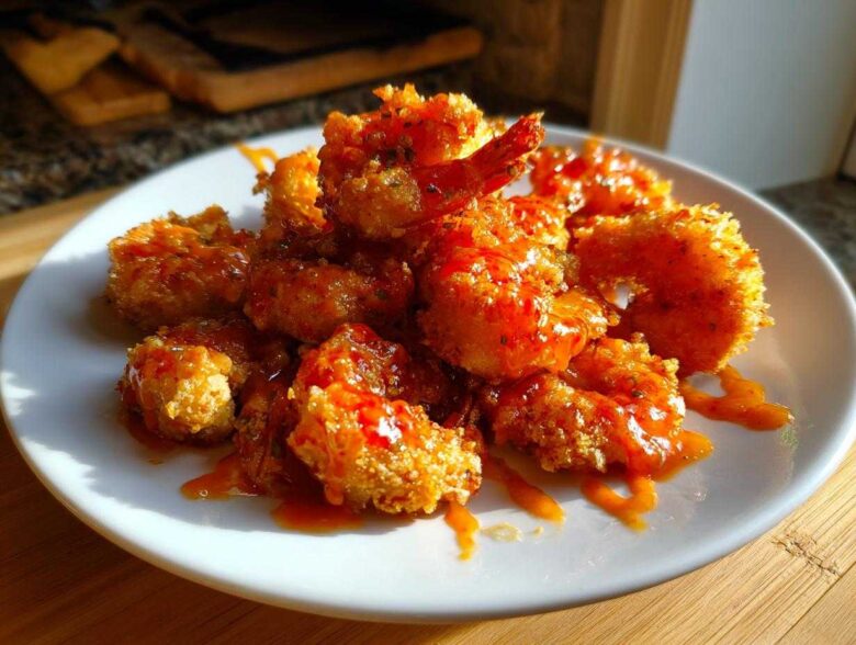A plate piled high with crispy, golden brown bang bang shrimp drizzled generously with a bright orange spicy sauce.