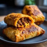 Close-up of two crispy, golden-brown beef Chimichangas, one cut open showing seasoned ground beef and melted cheese.