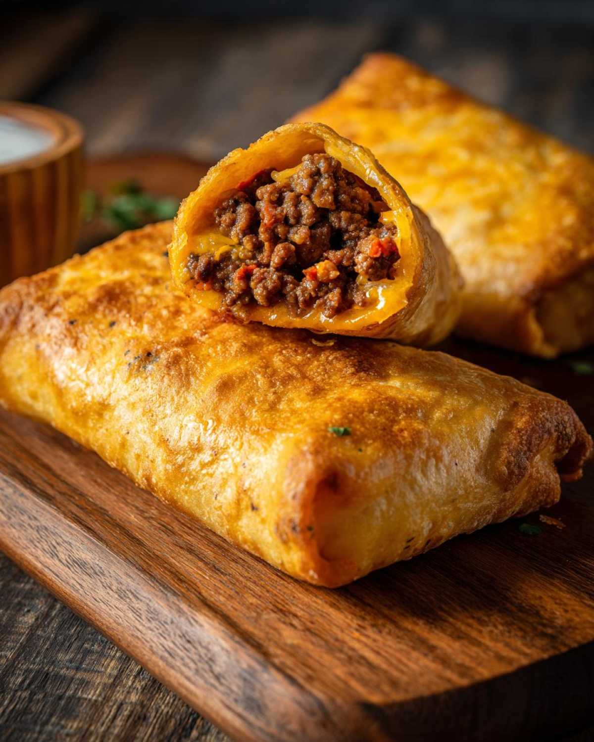 Close-up of crispy, golden-brown beef Chimichangas, one cut open revealing seasoned ground beef filling.
