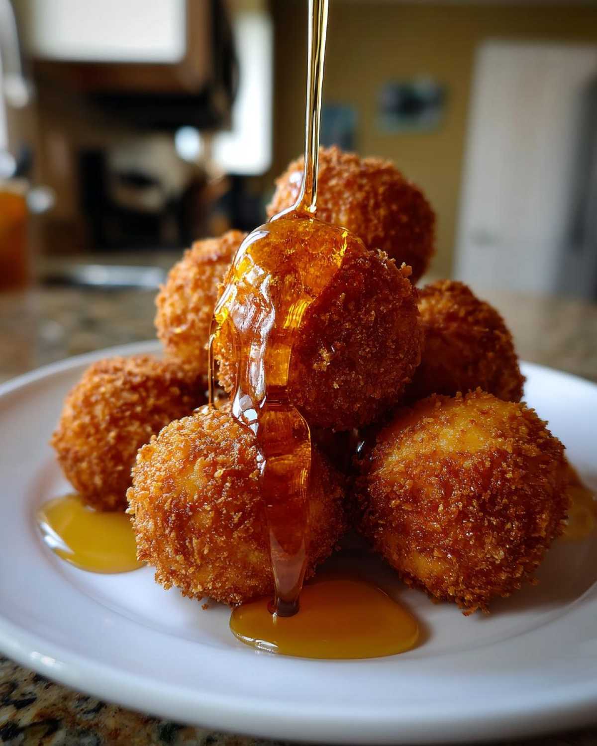 Close-up of crispy, golden-brown goat cheese balls stacked on a white plate, being drizzled with thick honey.