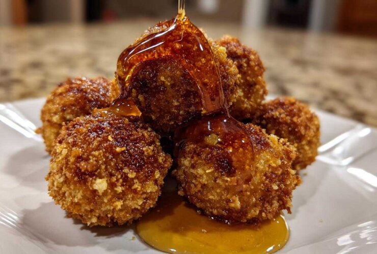 Close-up of crispy, golden brown goat cheese balls being drizzled with thick honey on a white plate.