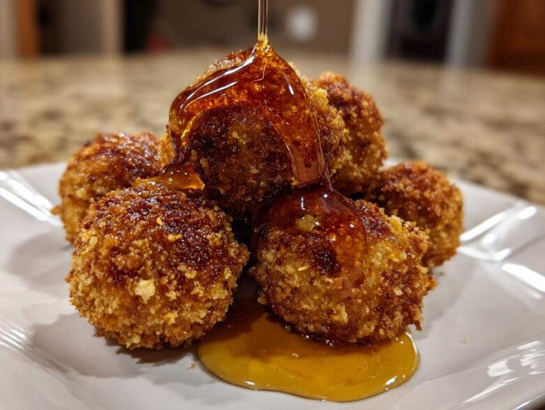 Close-up of crispy, golden brown goat cheese balls being drizzled with thick honey on a white plate.