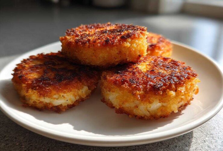 Four golden-brown, crispy mashed potato cakes stacked slightly on a white plate, ready to eat.