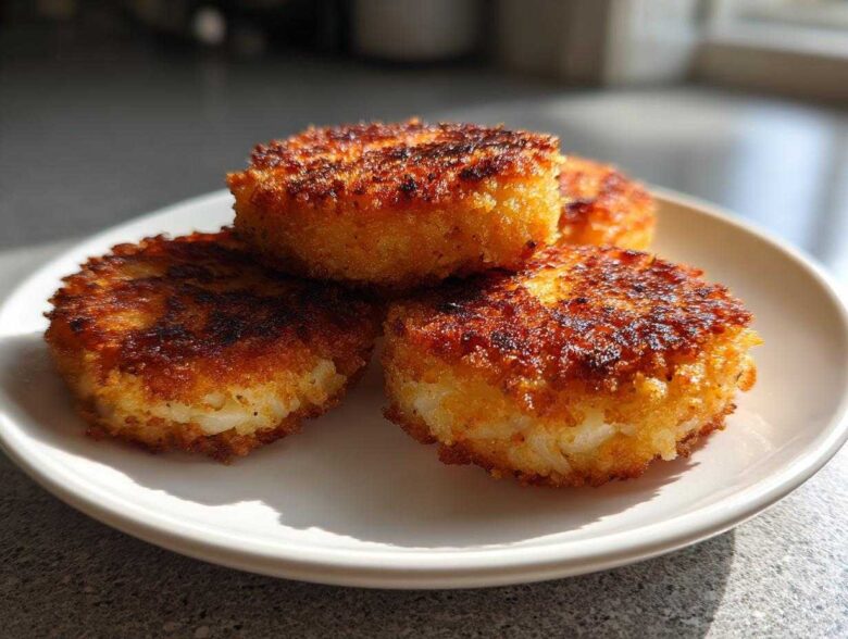 Four golden-brown, crispy mashed potato cakes stacked slightly on a white plate, ready to eat.