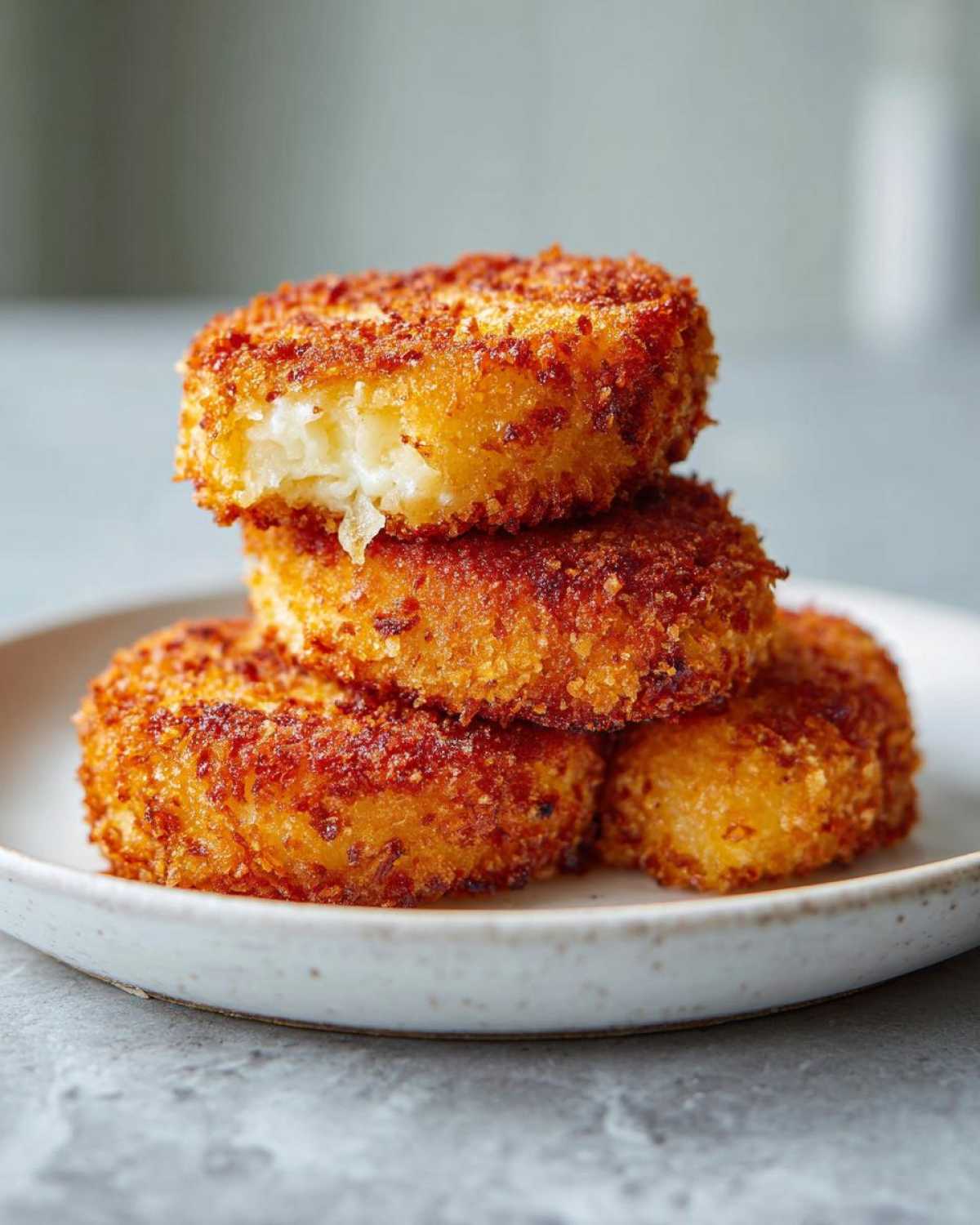 A stack of four golden brown, crispy mashed potato cakes, with the top one showing a fluffy interior.