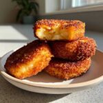 A stack of four golden-brown, crispy mashed potato cakes, with the top one broken open to show the soft interior.
