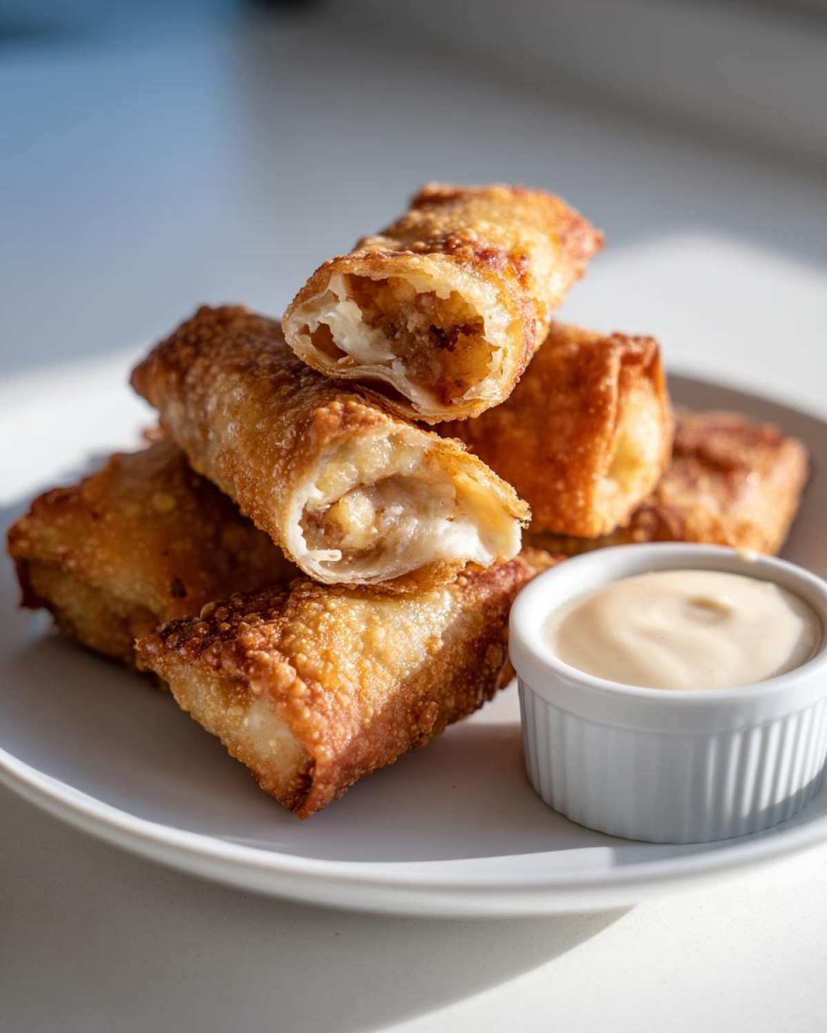 A stack of crispy, golden brown peach cobbler egg rolls, one cut open showing the filling, served with a side of creamy dipping sauce.