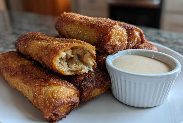 A pile of golden brown, crispy peach cobbler egg rolls served with a small white ramekin of creamy dipping sauce.