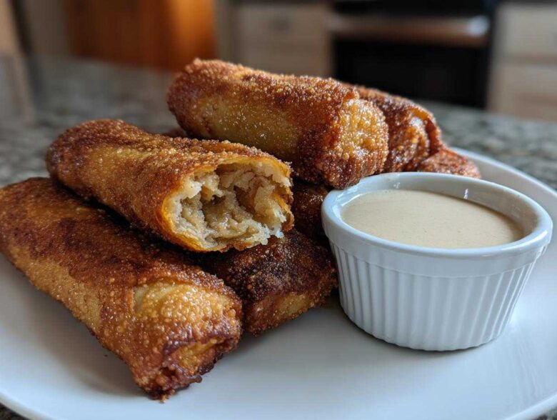 A pile of golden brown, crispy peach cobbler egg rolls served with a small white ramekin of creamy dipping sauce.