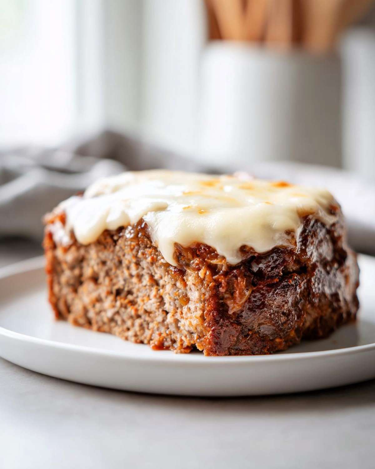 A thick slice of crockpot french onion meatloaf topped with melted white cheese served on a white plate.