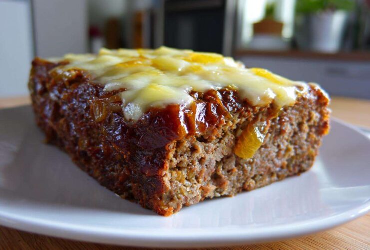 A thick slice of moist crockpot french onion meatloaf topped with melted white cheese and a savory glaze.