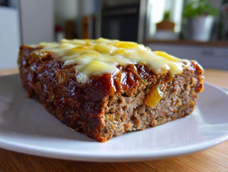 A thick slice of moist crockpot french onion meatloaf topped with melted white cheese and a savory glaze.
