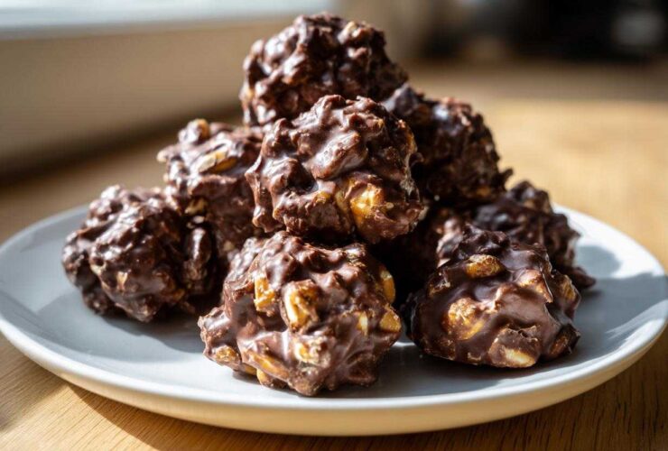 A pile of freshly made crockpot peanut clusters coated in rich chocolate, sitting on a white plate.