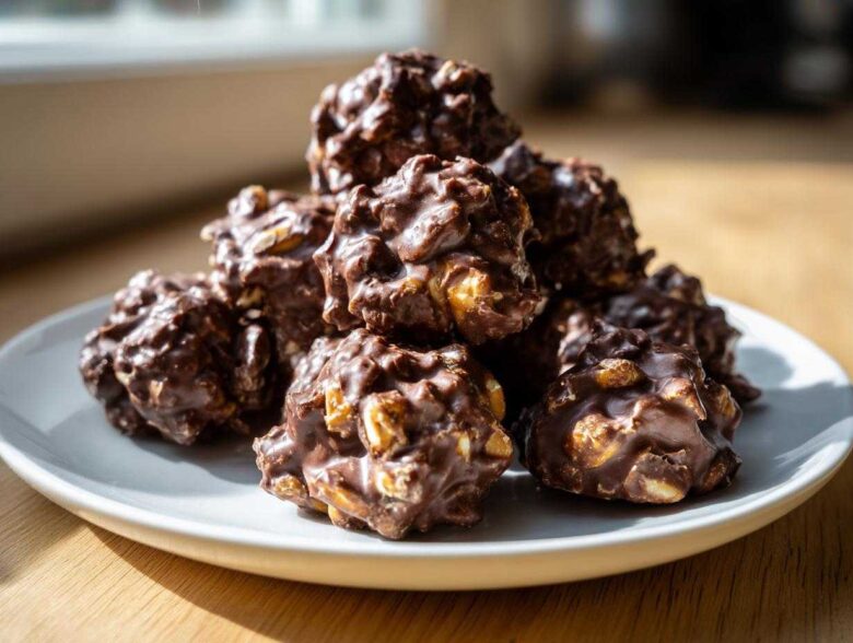 A pile of freshly made crockpot peanut clusters coated in rich chocolate, sitting on a white plate.