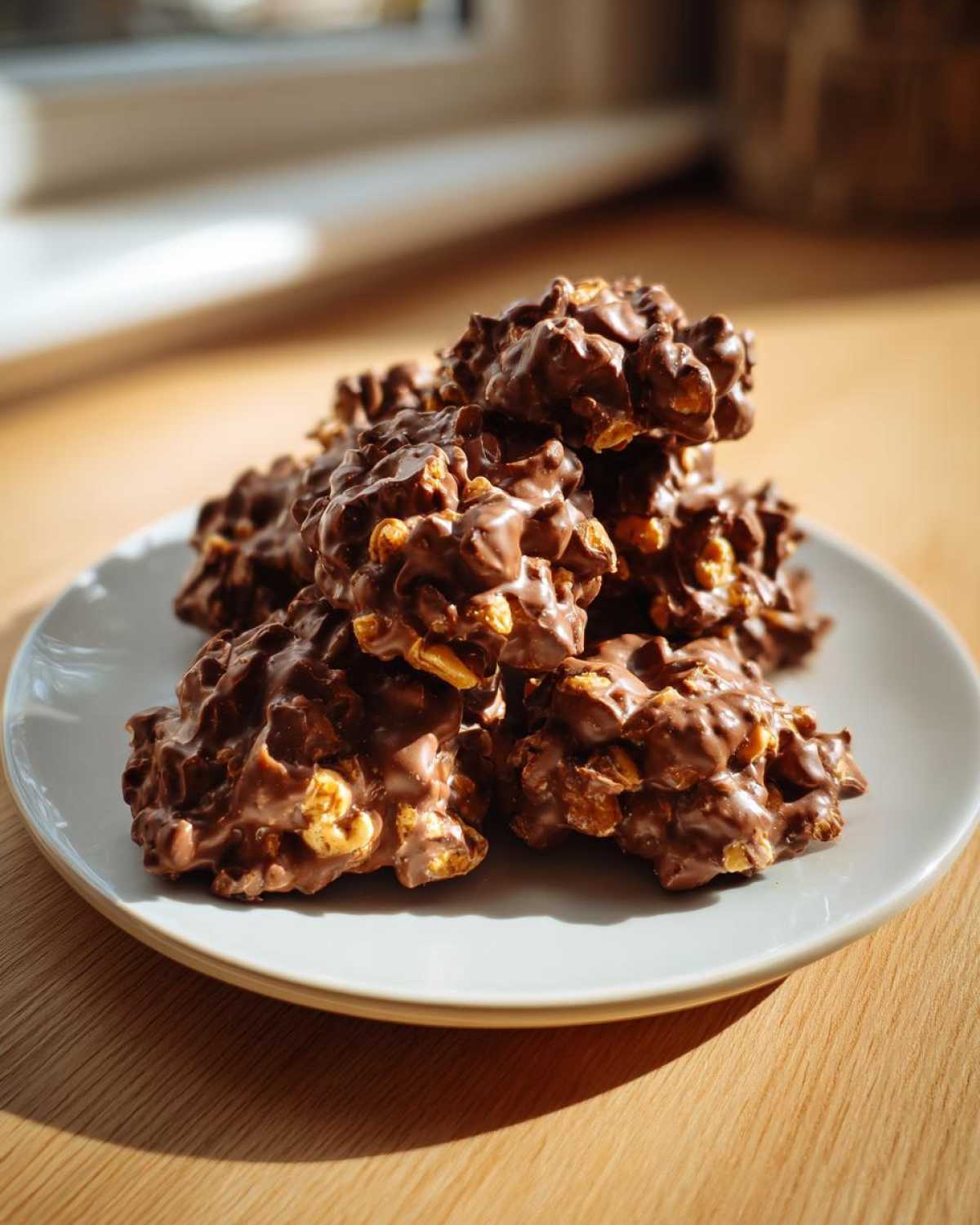 A pile of rich, chocolate-covered crockpot peanut clusters resting on a light gray plate.